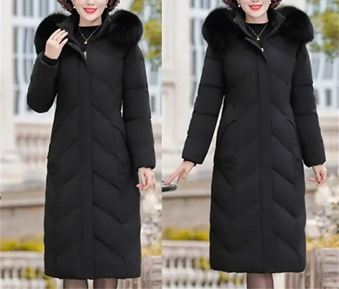 Pegsmio Middle-Aged Elderly Cotton-Padded Winter Thicker Longer Mid-Length Over-The-Knee Women's Loose Mother Coat