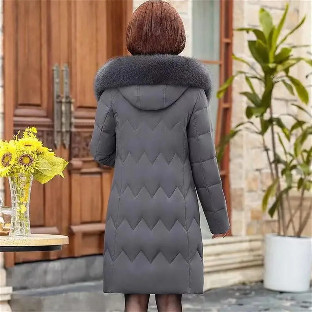 Pegsmio Middle Aged Mother Down Cotton-Padded Jacket Women Winter Loose Hooded Collar Coat Thicken Mid-Long Parkas
