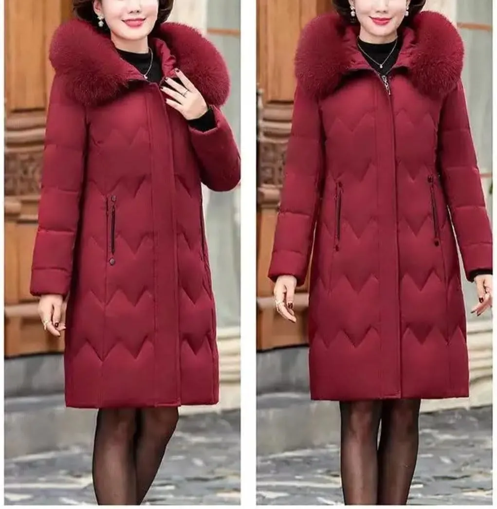 Pegsmio Middle Aged Mother Down Cotton-Padded Jacket Women Winter Loose Hooded Collar Coat Thicken Mid-Long Parkas