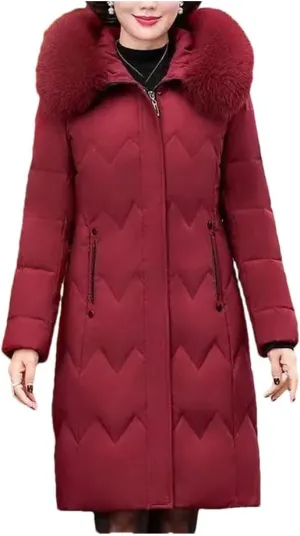 Pegsmio Middle Aged Mother Down Cotton-Padded Jacket Women Winter Loose Hooded Collar Coat Thicken Mid-Long Parkas