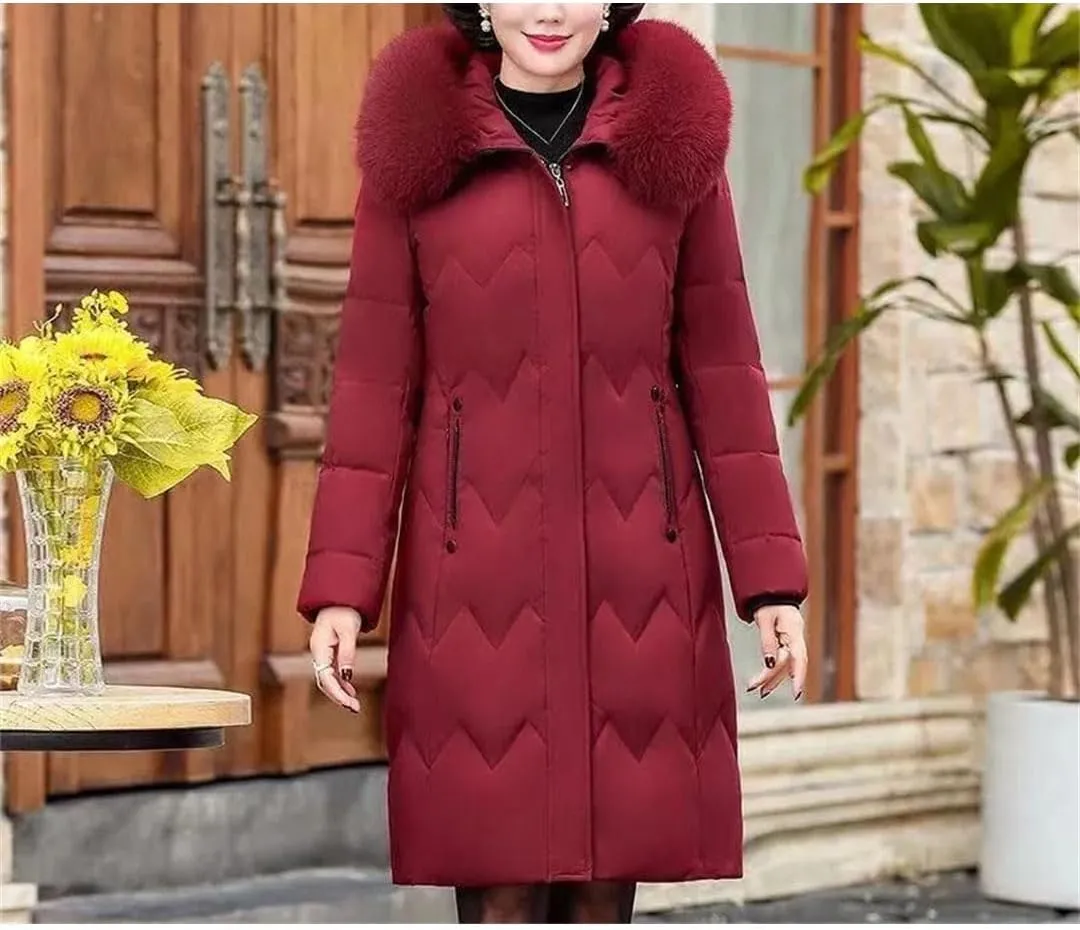 Pegsmio Middle Aged Mother Down Cotton-Padded Jacket Women Winter Loose Hooded Collar Coat Thicken Mid-Long Parkas