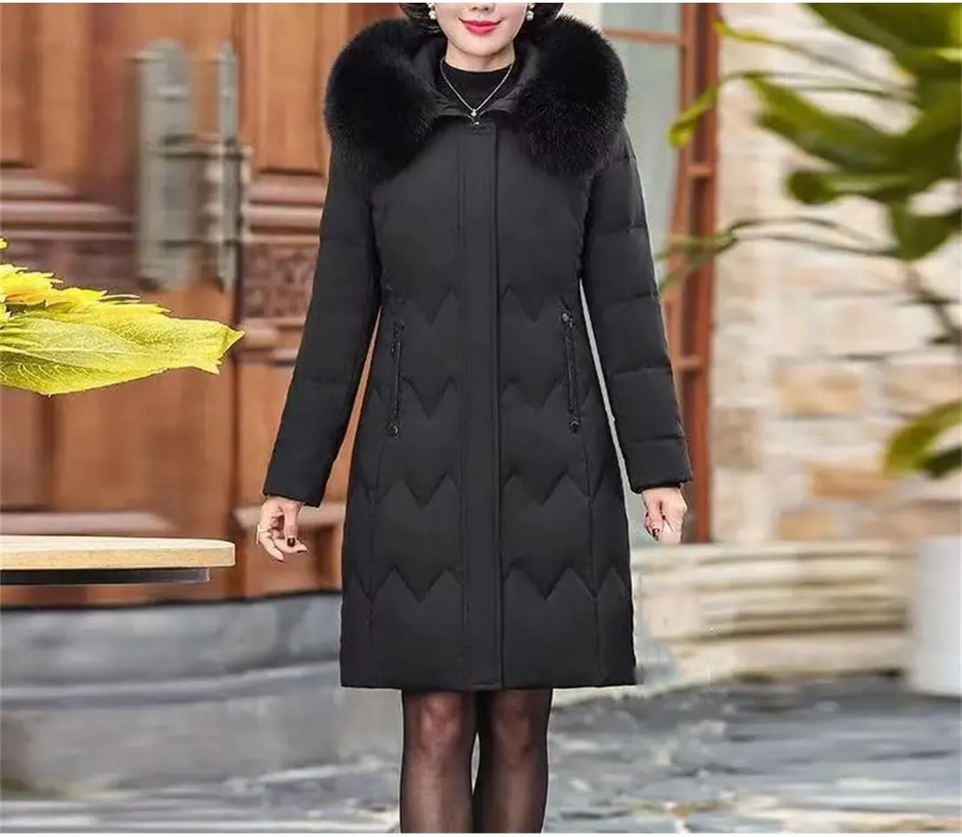 Pegsmio Middle Aged Mother Down Cotton-Padded Jacket Women Winter Loose Hooded Collar Coat Thicken Mid-Long Parkas