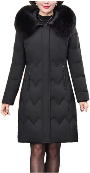 Pegsmio Middle Aged Mother Down Cotton-Padded Jacket Women Winter Loose Hooded Collar Coat Thicken Mid-Long Parkas