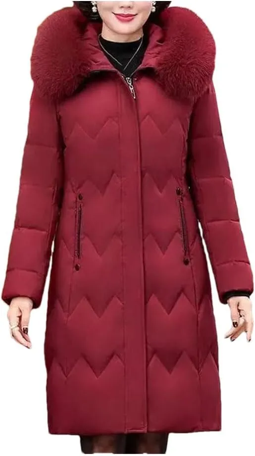 Pegsmio Middle Aged Mother Down Cotton-Padded Jacket Women Winter Loose Hooded Collar Coat Thicken Mid-Long Parkas