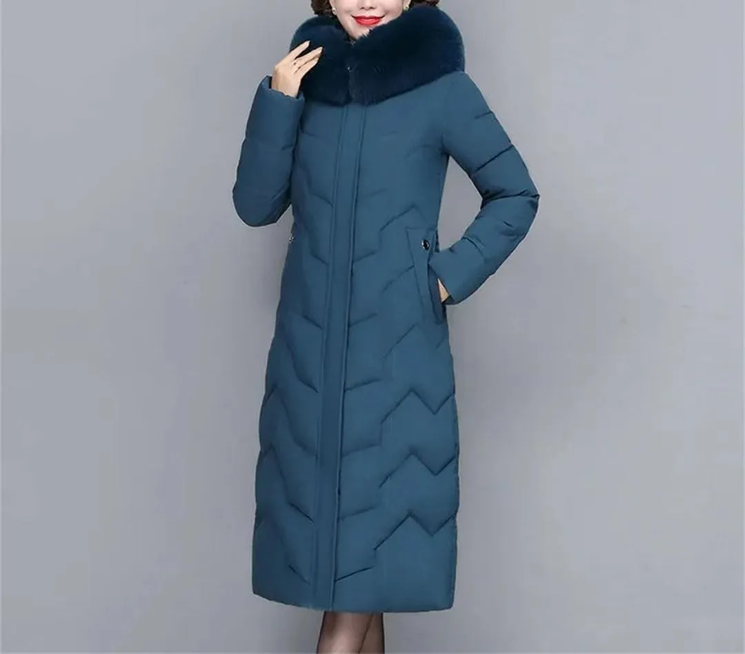 Pegsmio Middle-Aged Mother Winter Jacket Puffer Coat Down Cotton Padded Clothes Women Long Hooded Collar Parkas