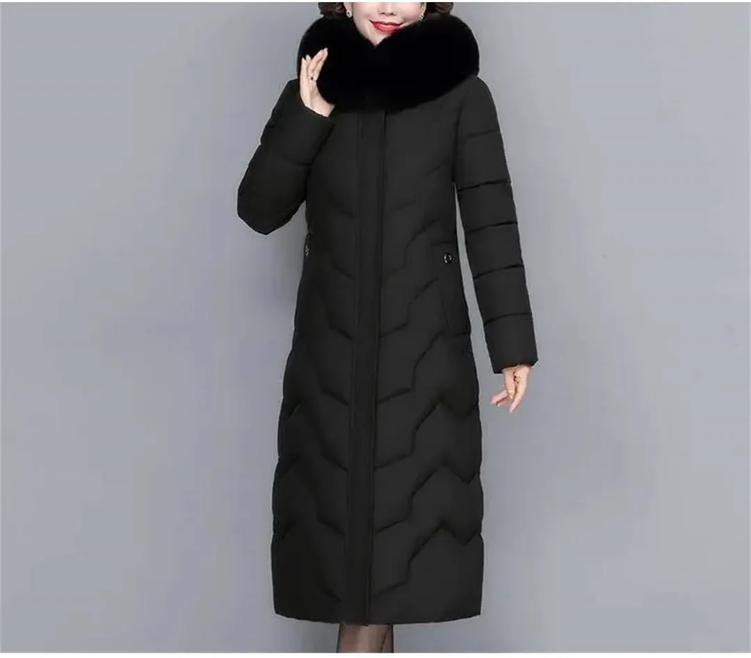 Pegsmio Middle-Aged Mother Winter Jacket Puffer Coat Down Cotton Padded Clothes Women Long Hooded Collar Parkas