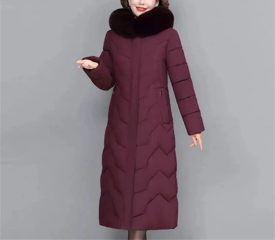 Pegsmio Middle-Aged Mother Winter Jacket Puffer Coat Down Cotton Padded Clothes Women Long Hooded Collar Parkas