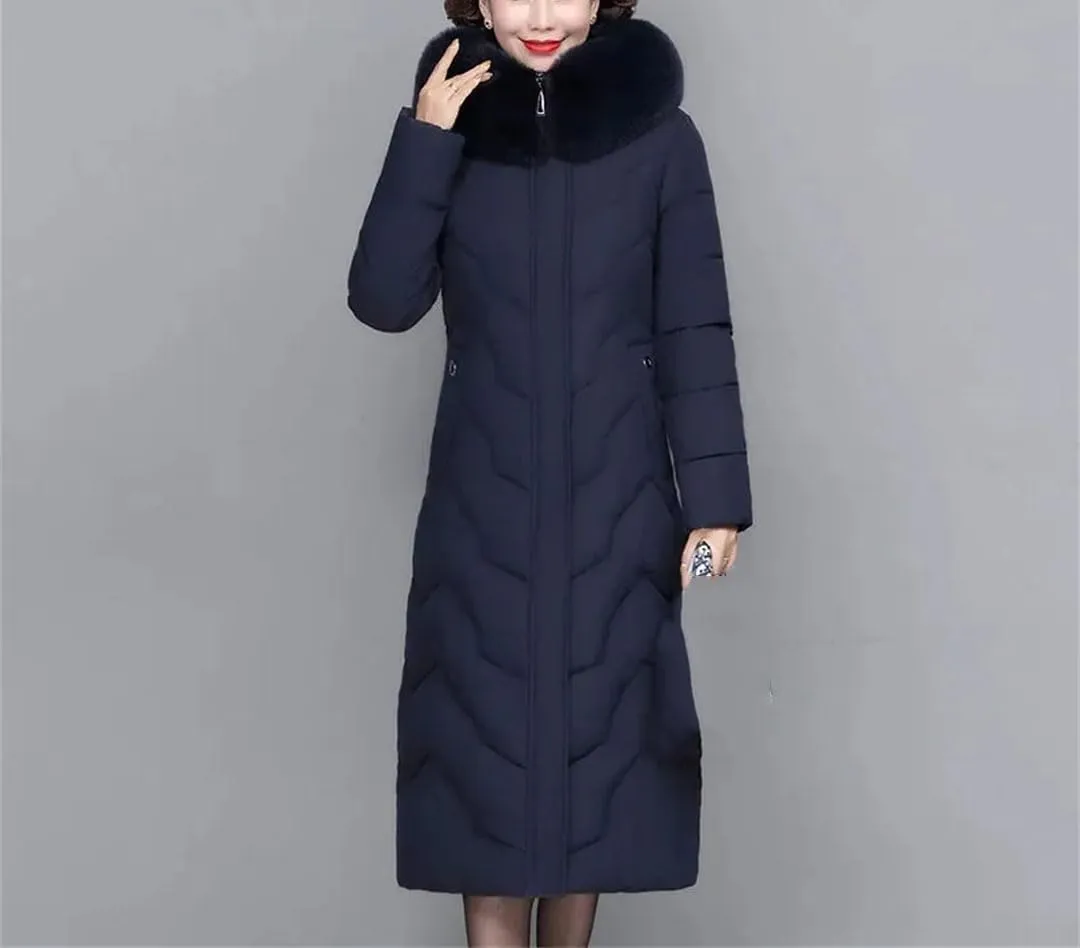 Pegsmio Middle-Aged Mother Winter Jacket Puffer Coat Down Cotton Padded Clothes Women Long Hooded Collar Parkas
