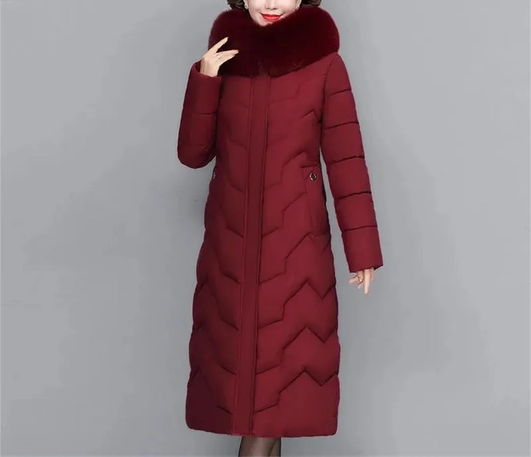 Pegsmio Middle-Aged Mother Winter Jacket Puffer Coat Down Cotton Padded Clothes Women Long Hooded Collar Parkas