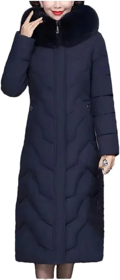 Pegsmio Middle-Aged Mother Winter Jacket Puffer Coat Down Cotton Padded Clothes Women Long Hooded Collar Parkas