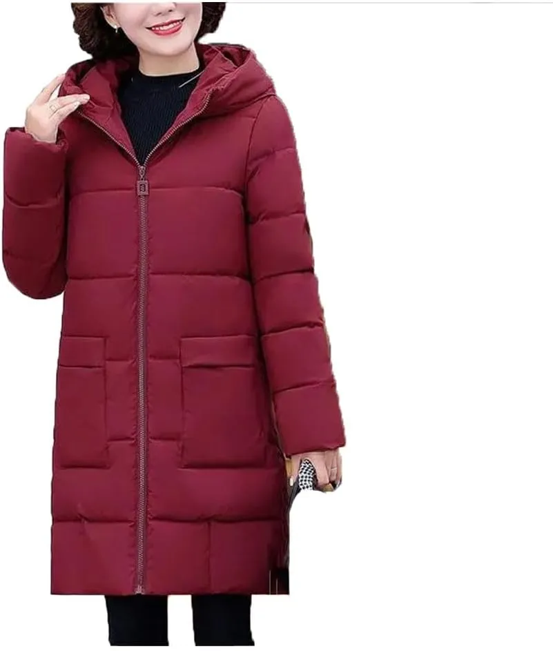 Pegsmio Women Winter Warm Thick Parka Outwear Top Snowwear Jacket Loose Hooded Cotton Padded Coat Mid-Length Overcoat