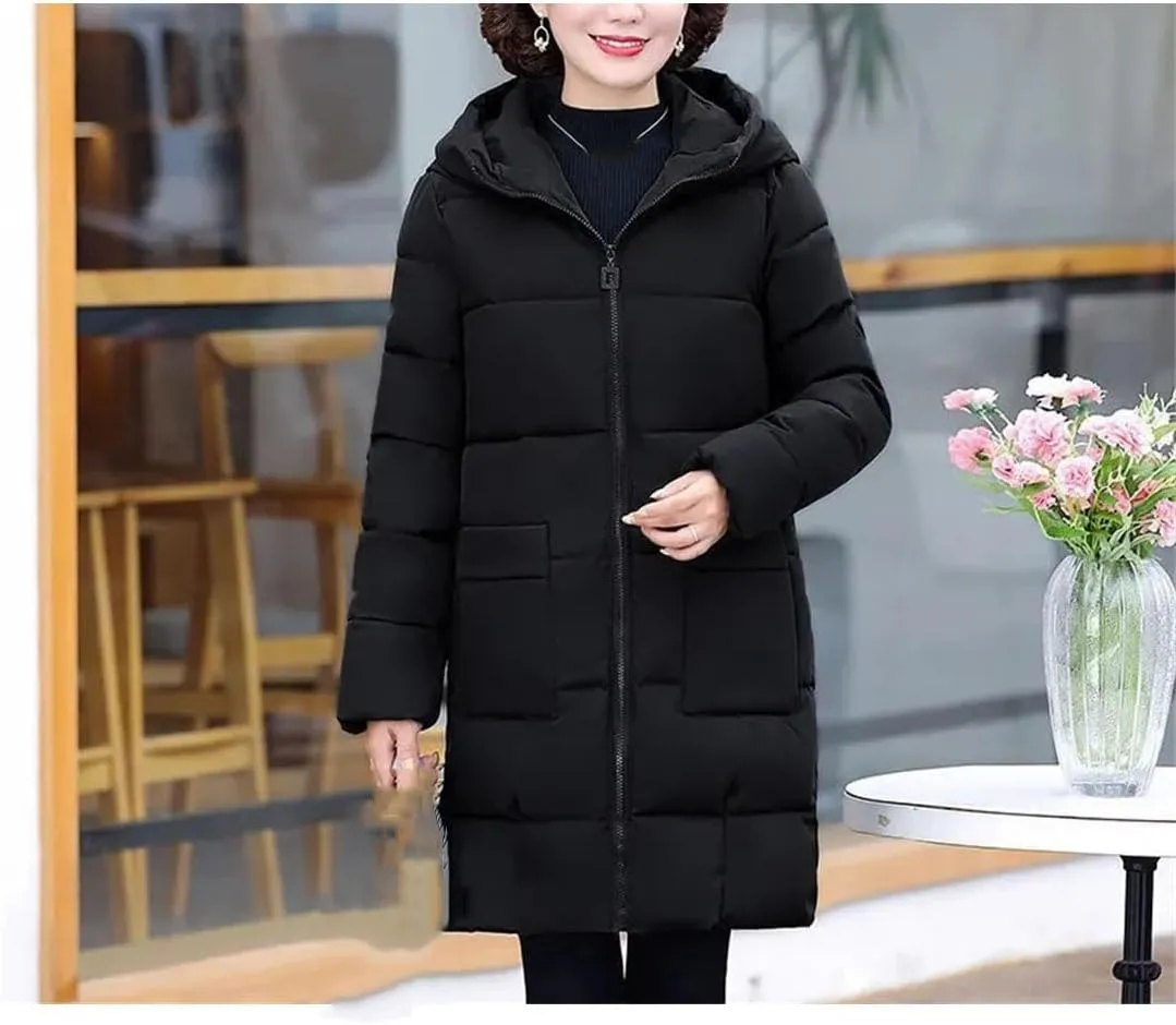 Pegsmio Women Winter Warm Thick Parka Outwear Top Snowwear Jacket Loose Hooded Cotton Padded Coat Mid-Length Overcoat