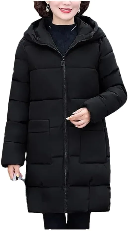 Pegsmio Women Winter Warm Thick Parka Outwear Top Snowwear Jacket Loose Hooded Cotton Padded Coat Mid-Length Overcoat