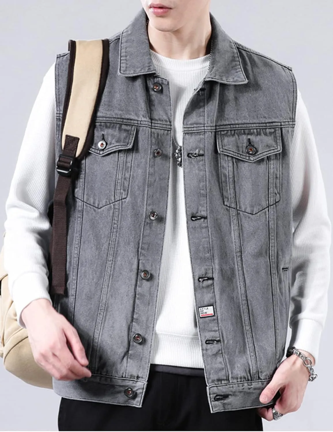 Perbai Men's Denim Vest Loose Button Down Sleeveless Jean Vest Jacket