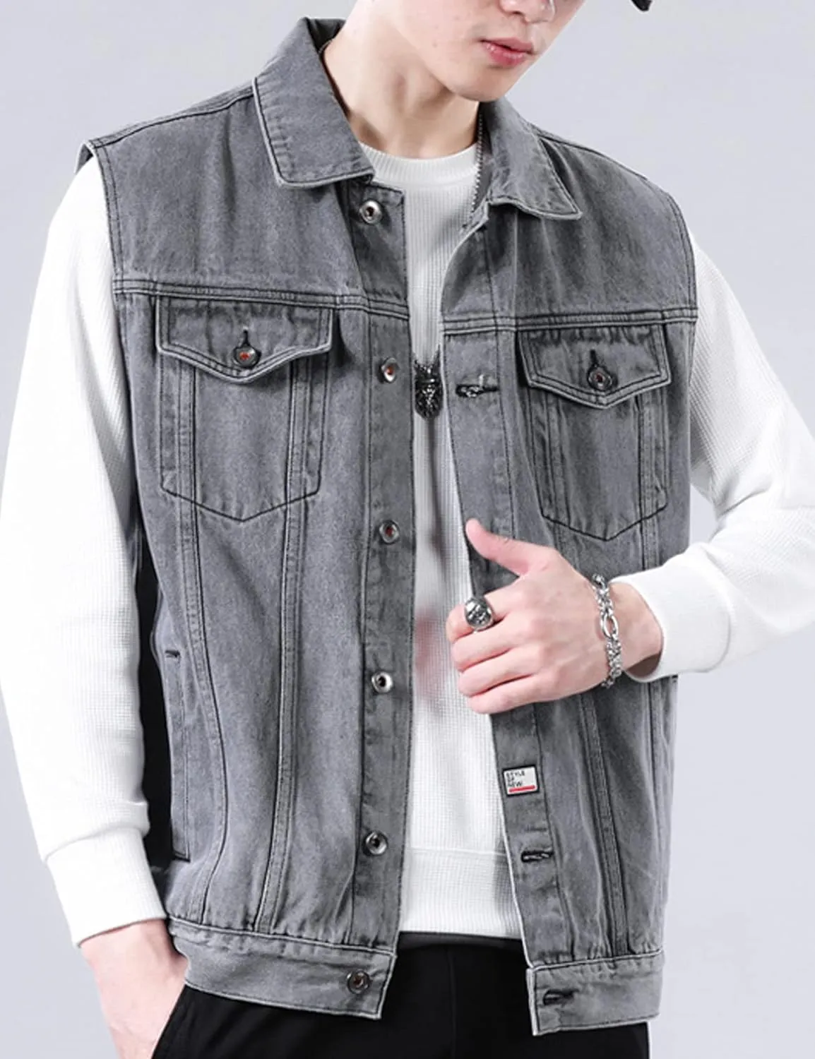 Perbai Men's Denim Vest Loose Button Down Sleeveless Jean Vest Jacket