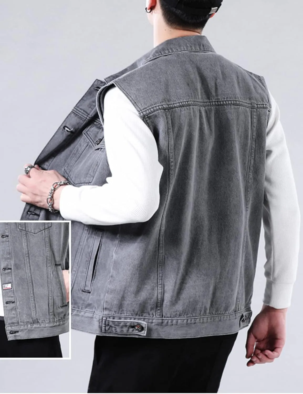 Perbai Men's Denim Vest Loose Button Down Sleeveless Jean Vest Jacket