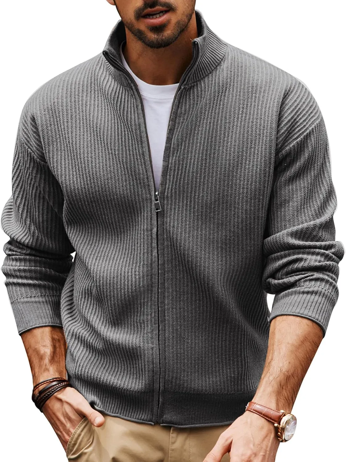 PJ PAUL JONES Mens Cardigan Sweater Full Zip Up Sweaters Casual Slim Fit Stand Collar Knitted Cardigans