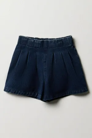 Pleated Denim Shorts Dark Blue