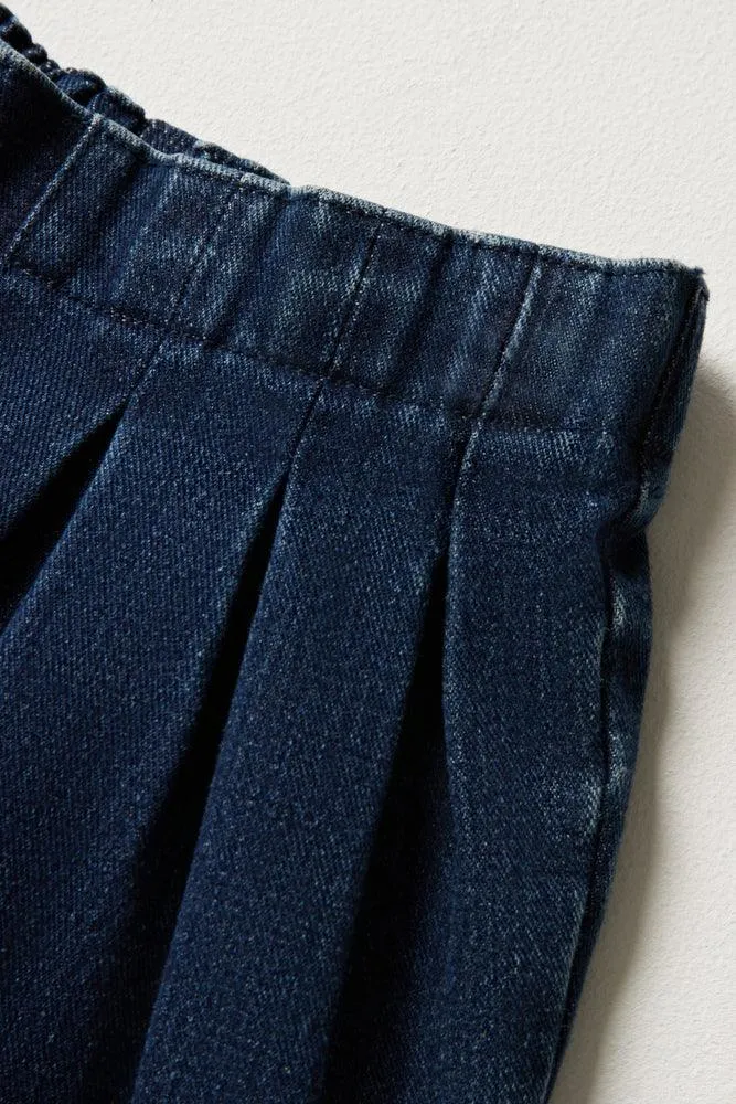 Pleated Denim Shorts Dark Blue