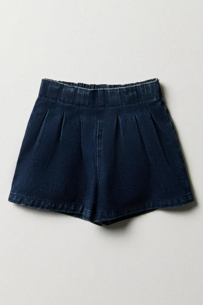 Pleated Denim Shorts Dark Blue