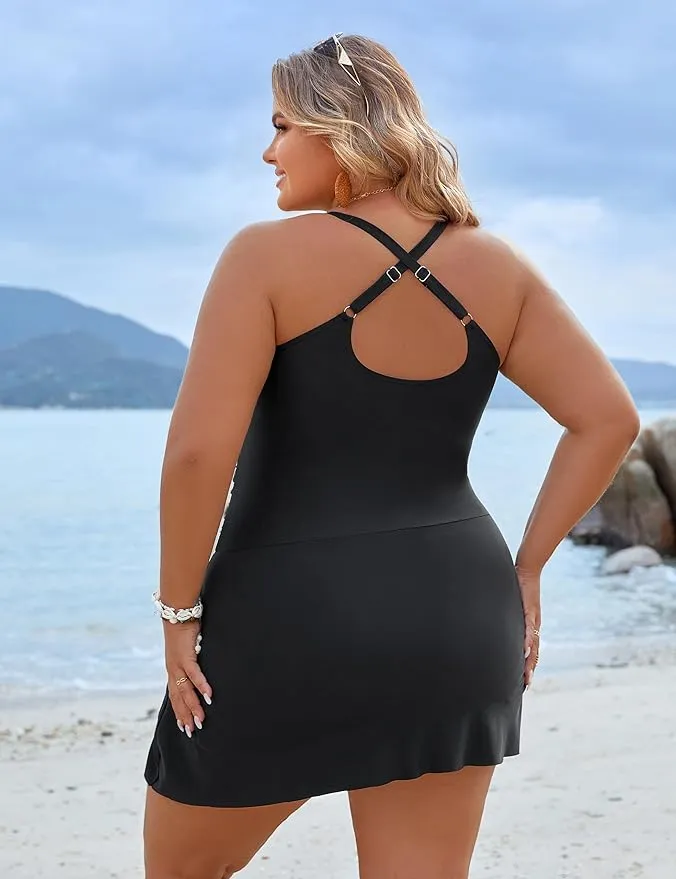 Plus Size Tummy Control One-Piece Swim Dress Swimsuit