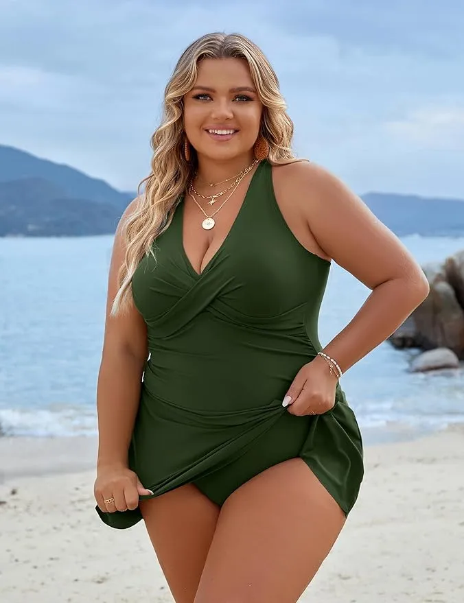 Plus Size Tummy Control One-Piece Swim Dress Swimsuit