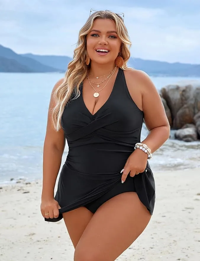 Plus Size Tummy Control One-Piece Swim Dress Swimsuit