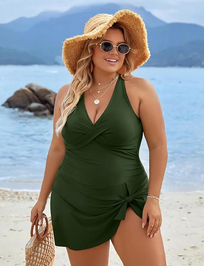 Plus Size Tummy Control One-Piece Swim Dress Swimsuit