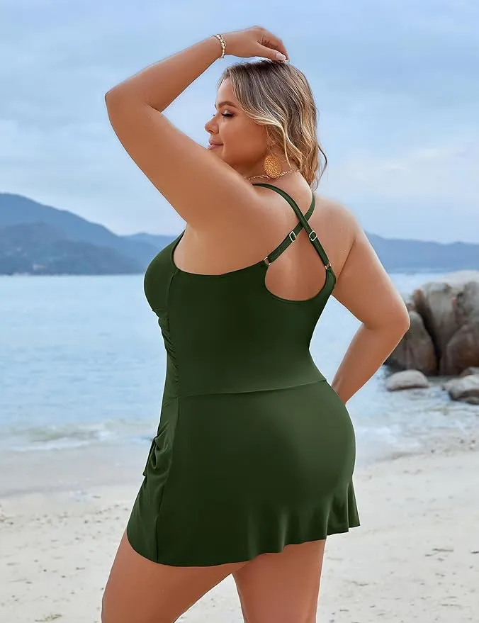 Plus Size Tummy Control One-Piece Swim Dress Swimsuit