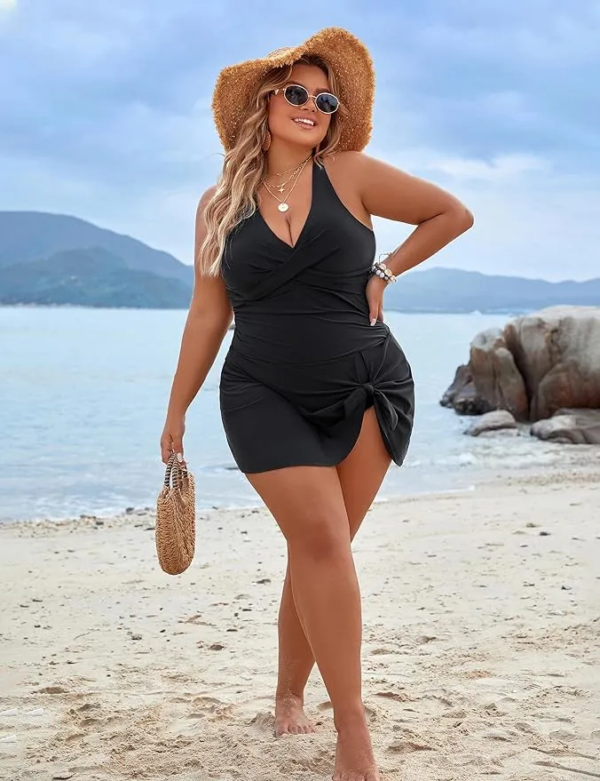 Plus Size Tummy Control One-Piece Swim Dress Swimsuit