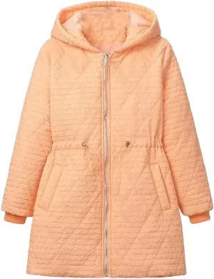 Plus Size Women Hooded Parka Winter Loose Drawstring Waist Embossed Cotton-Padded Coat