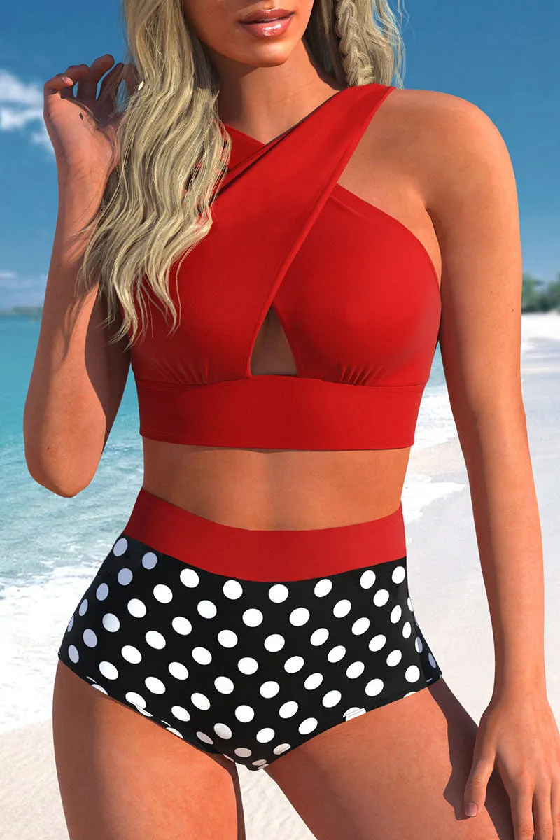 Polka Dot Cross Halter Stylish High Waist Bikini