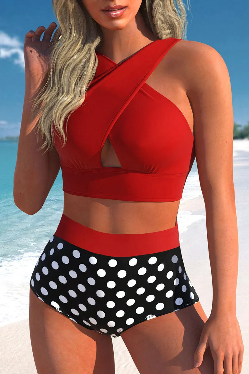 Polka Dot Cross Halter Stylish High Waist Bikini