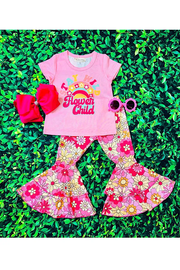 "STAY WILD FLOWER CHILD" pink & flowers 2pc set XCH0333-1H