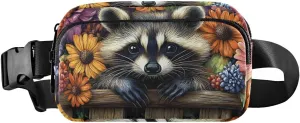 Raccoon Floral Fanny Pack Water Resistant, Women Men Waist Pack Sling Bag Purse for Travel Hiking