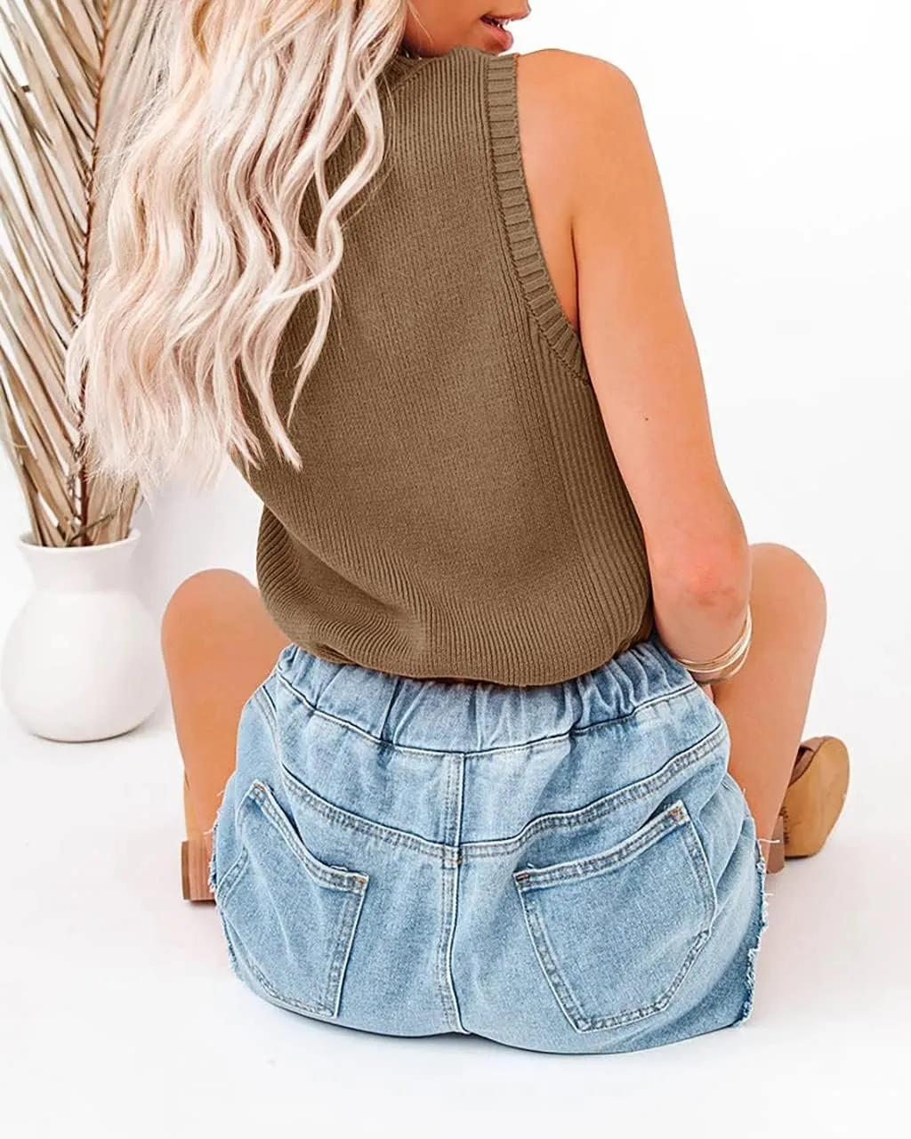 Rilista Women Summer Knit Tank Tops Sleeveless Turtleneck Cami Shirts Ribbed Mock Neck Pullover Sweater Vests