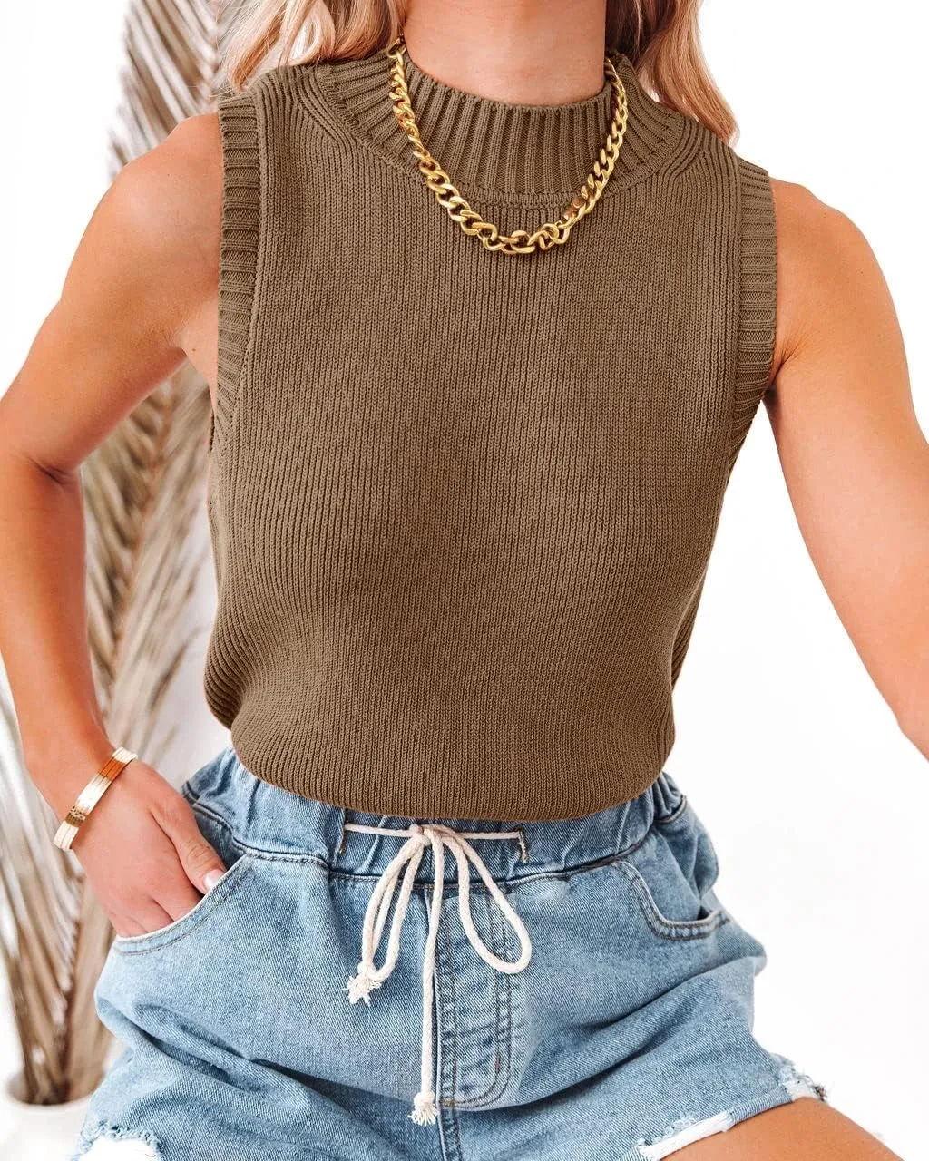 Rilista Women Summer Knit Tank Tops Sleeveless Turtleneck Cami Shirts Ribbed Mock Neck Pullover Sweater Vests