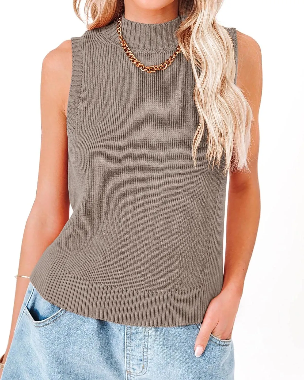 Rilista Women Summer Knit Tank Tops Sleeveless Turtleneck Cami Shirts Ribbed Mock Neck Pullover Sweater Vests