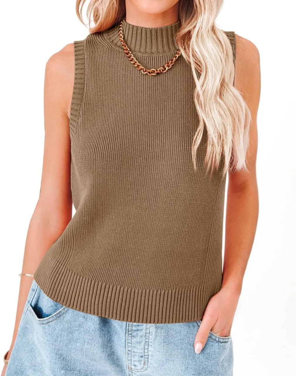 Rilista Women Summer Knit Tank Tops Sleeveless Turtleneck Cami Shirts Ribbed Mock Neck Pullover Sweater Vests