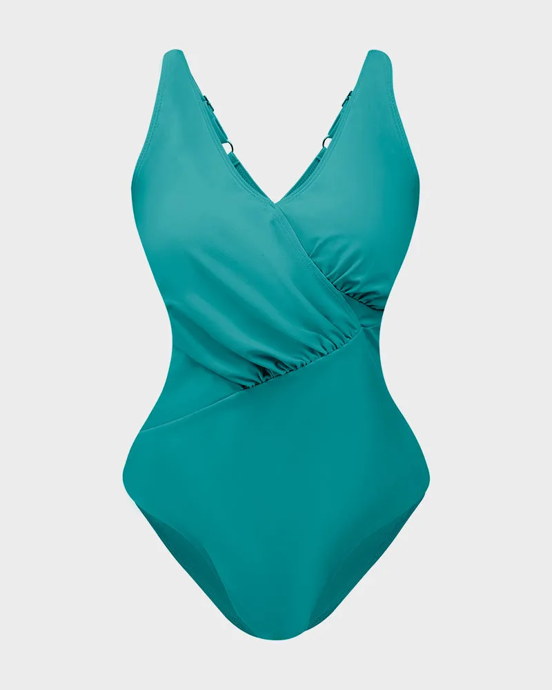 Ruched One-Piece Swimsuit with Deep V Cross-Over Design