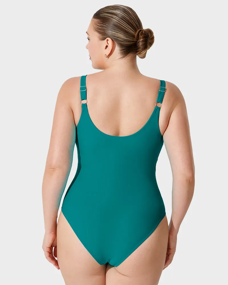 Ruched One-Piece Swimsuit with Deep V Cross-Over Design