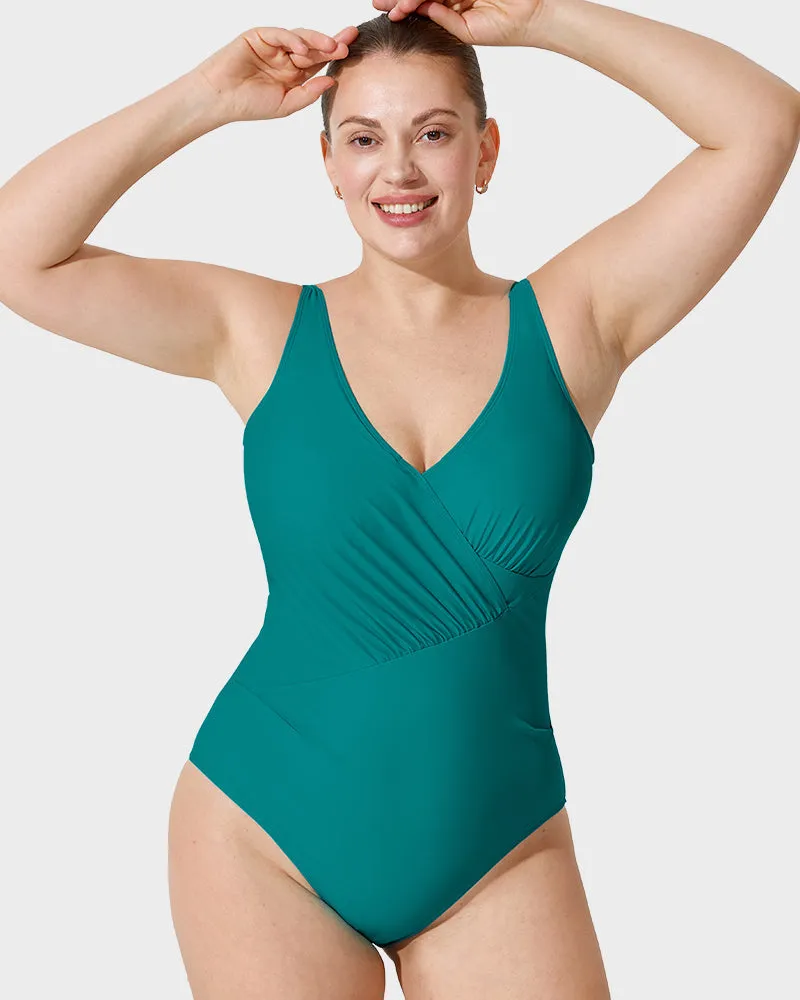 Ruched One-Piece Swimsuit with Deep V Cross-Over Design