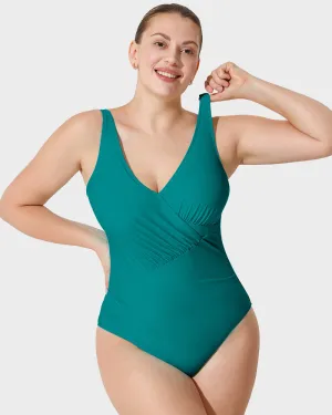 Ruched One-Piece Swimsuit with Deep V Cross-Over Design