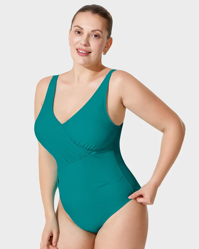 Ruched One-Piece Swimsuit with Deep V Cross-Over Design