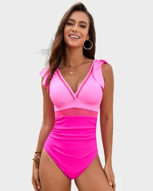 Ruched Swimsuit with Deep V Neck and Ruffled Sleeve Mesh Panels