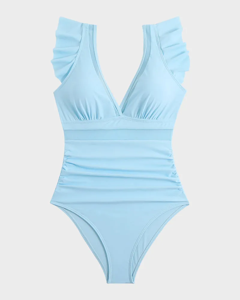 Ruched Swimsuit with Deep V Neck and Ruffled Sleeve Mesh Panels