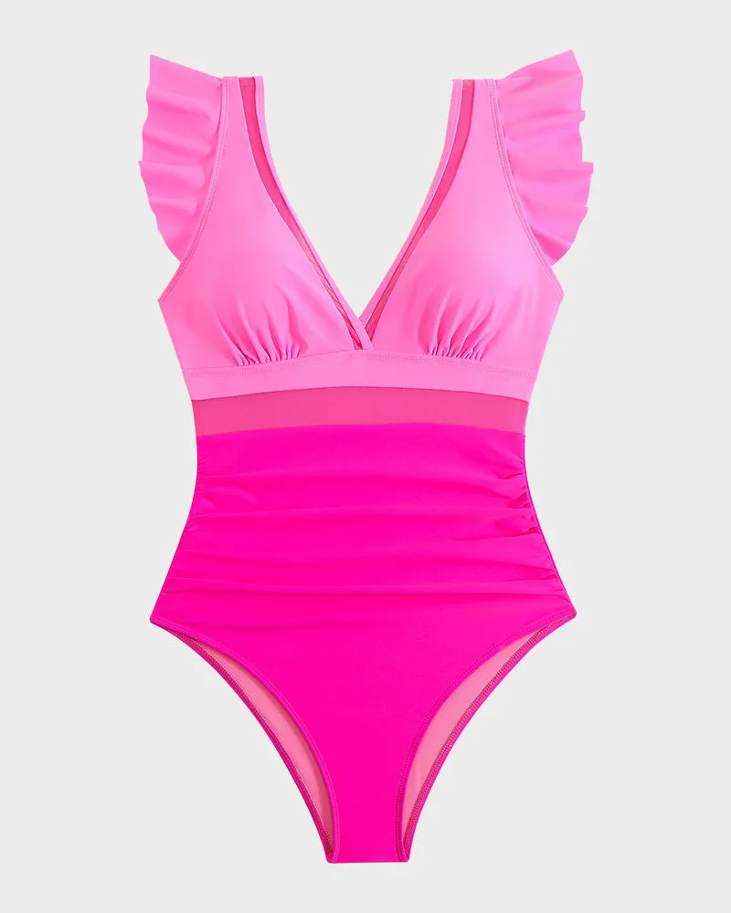 Ruched Swimsuit with Deep V Neck and Ruffled Sleeve Mesh Panels