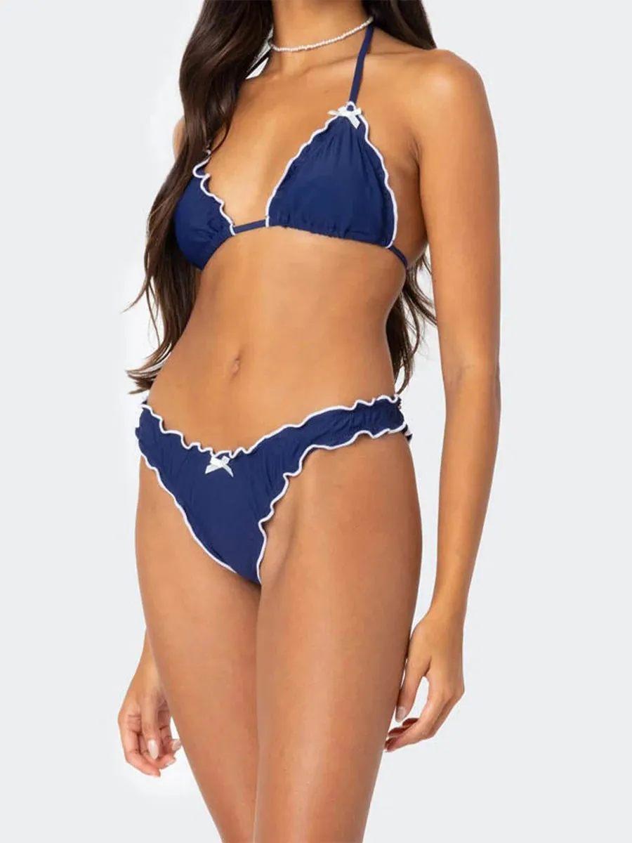 Ruffle Trim Halter Neck Tie-up Bikini Set with High Waisted Bottoms - Beach Pool Party Outfits