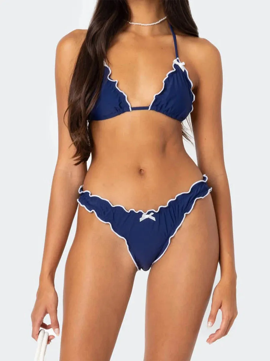 Ruffle Trim Halter Neck Tie-up Bikini Set with High Waisted Bottoms - Beach Pool Party Outfits