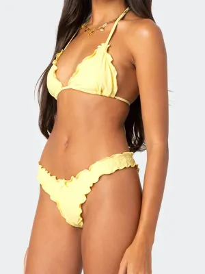 Ruffle Trim Halter Neck Tie-up Bikini Set with High Waisted Bottoms - Beach Pool Party Outfits